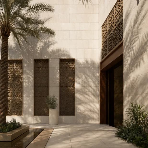 Contemporary limestone courtyard in Jeddah daylight with palm shadows
